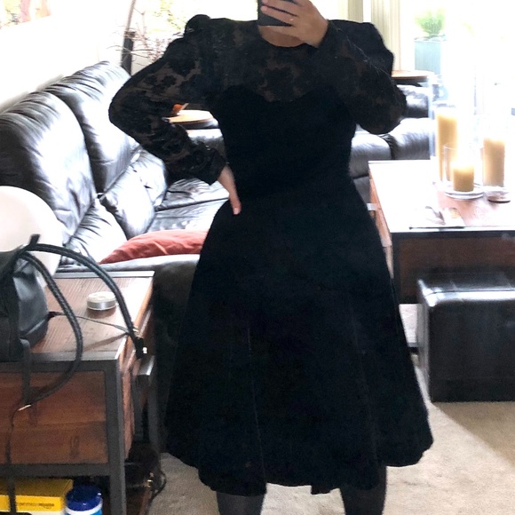 Vintage 80's corset boning velvet sheer sleeves dress sweetheart neck Sz 6 (S) - Picture 4 of 11